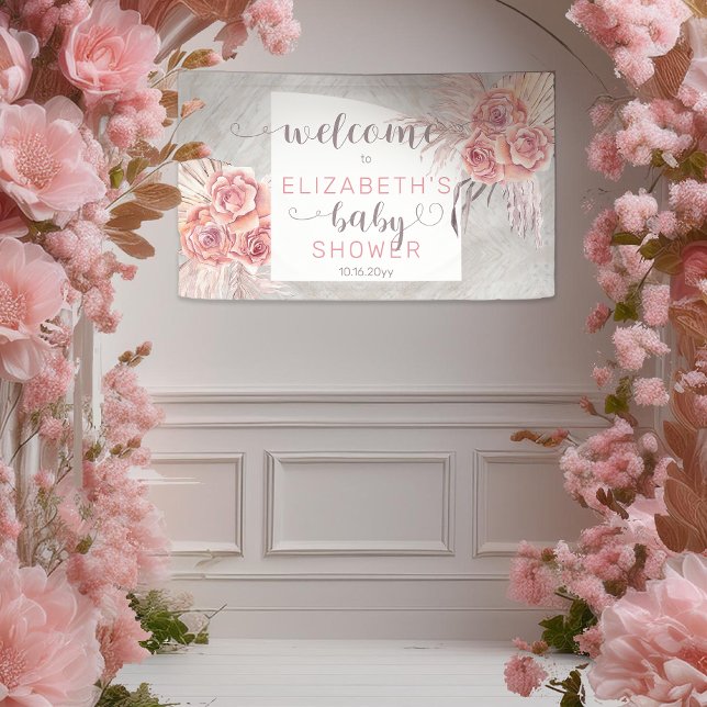 Banderoles Pampas Grass |Rose Blooms Fille Baby shower Bienve (Boho Pampas Grass and Rose Blooms Pink | Gray Girl Baby Shower Welcome Banner)