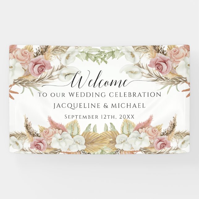 Banderoles Pampas Vert Blush rose Plage Floral Mariage (Horizontal)