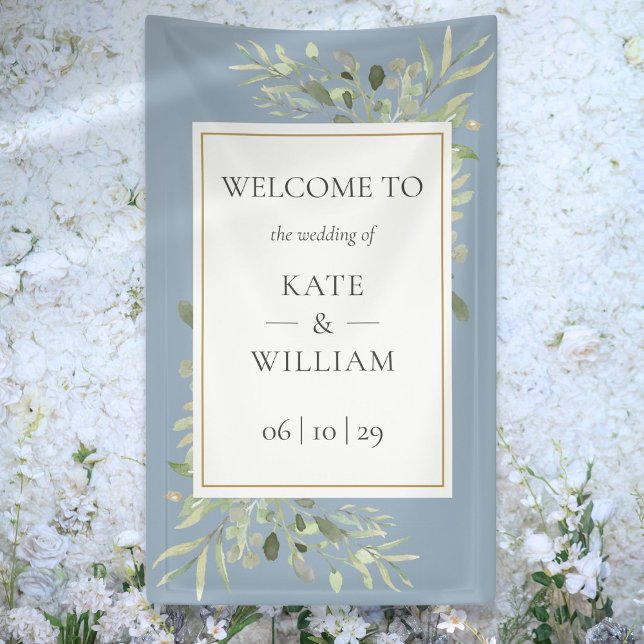 Banderoles Panneau de bienvenue de mariage botanique Bleu Pou (Dusty Blue Greenery Botanical Wedding Welcome Sign)