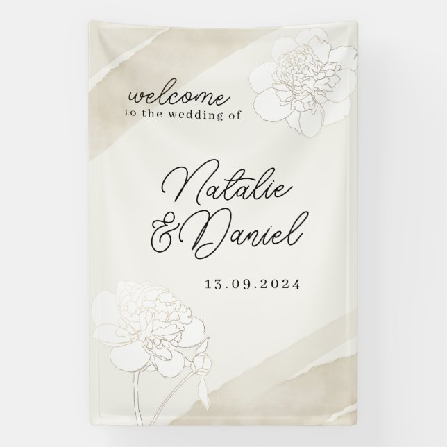 Banderoles Panneau de mariage Fleurs de pivoines blanches (Verticale)