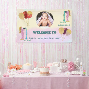 Banderoles Panneau de photos d'anniversaire 1 an aquarelle Ve