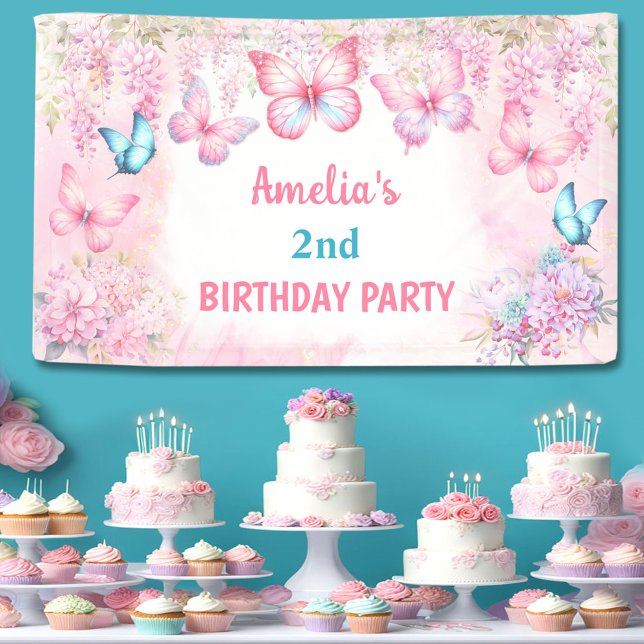 Banderoles Papillon Anniversaire Fille rose Été Floral Banniè (Butterfly Birthday Girl Pink Summer Floral Banner)