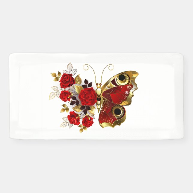 Banderoles Papillon de fleurs rouges aux roses rouges (Horizontal)