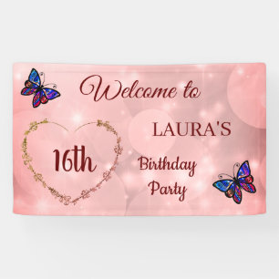 Banderoles Papillon rose mousseux personnalisé 16e anniversa