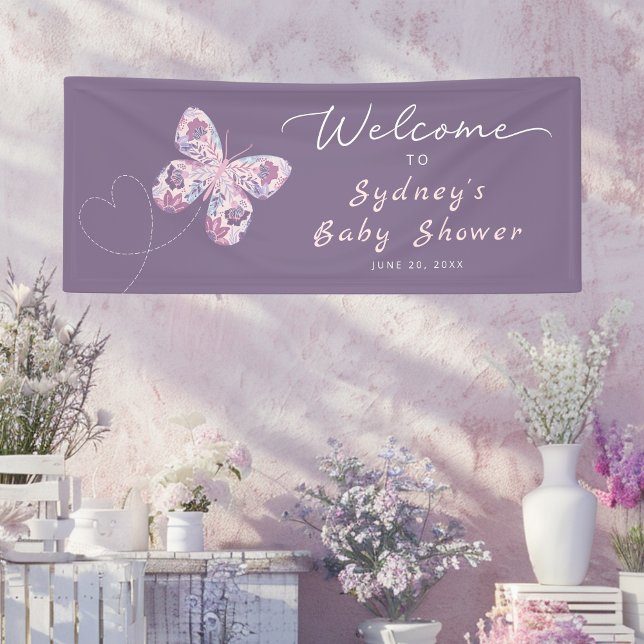 Banderoles Papillon violet Baby shower personnalisé Accueil (Shown on a 2.5' x 6' banner)