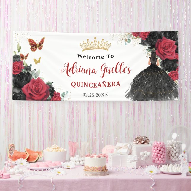 Banderoles Papillons floraux Rose noirs rouges Quinceañera 15 (Fête)
