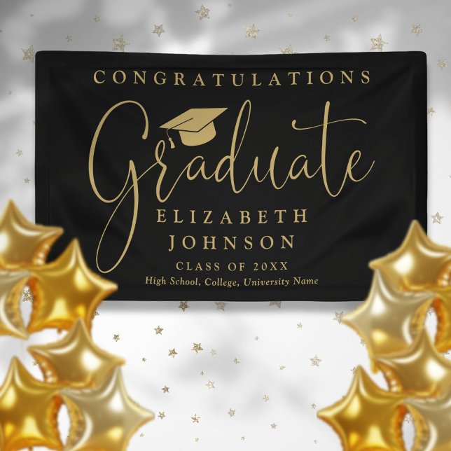 Banderoles Partie de graduation de script noir et or (Black And Gold Script Graduation Party Banner)