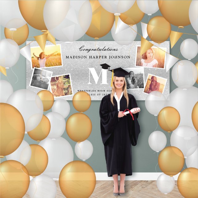Banderoles Parties scintillant Argent Monogramme 6 Photo Grad (Silver Glitter Name Monogram 6 Photo Chic Graduation Party Banner @ www.zazzle.com/color_therapy)