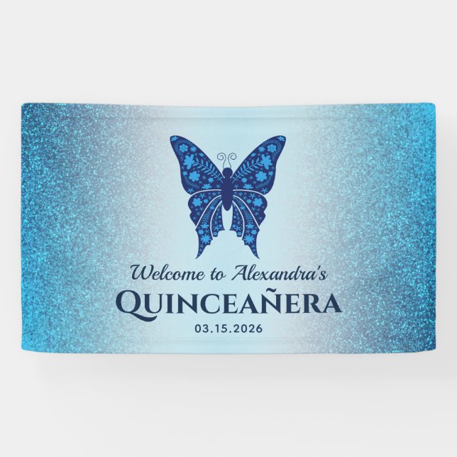 Banderoles Parties scintillant Bleu Quinceanera Anniversaire (Horizontal)