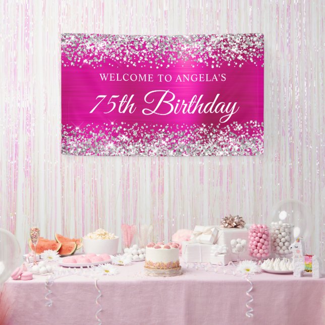 Banderoles Parties scintillant d'argent Hot Pink Foil 75e ann (Fête)