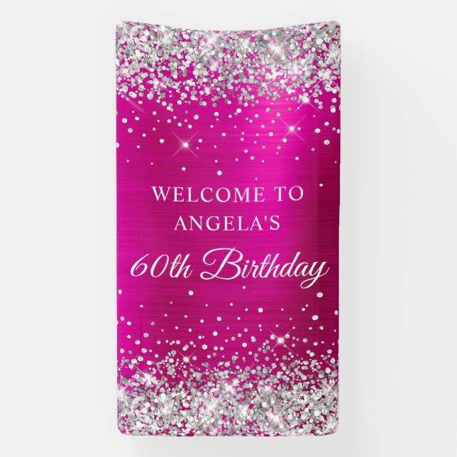 Banderoles Parties scintillant d'argent Pink Hot Foil 60e ann (Verticale)