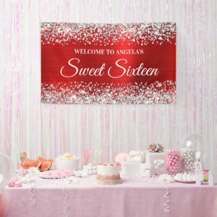 Banderoles Parties scintillant d'argent Sweet sixteen rouge à