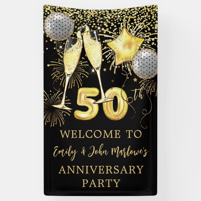 Banderoles parties scintillant d'or 50e Anniversaire Champagn (Vertical)