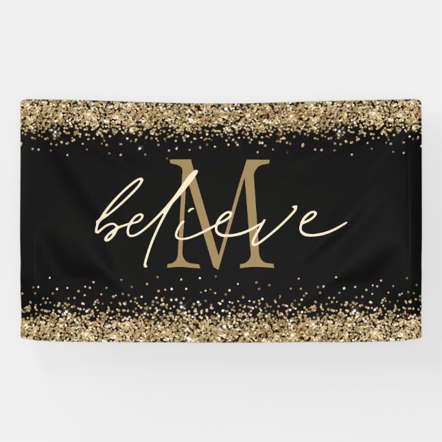 Banderoles Parties scintillant d'or Croire Script Monogramme  (Horizontal)