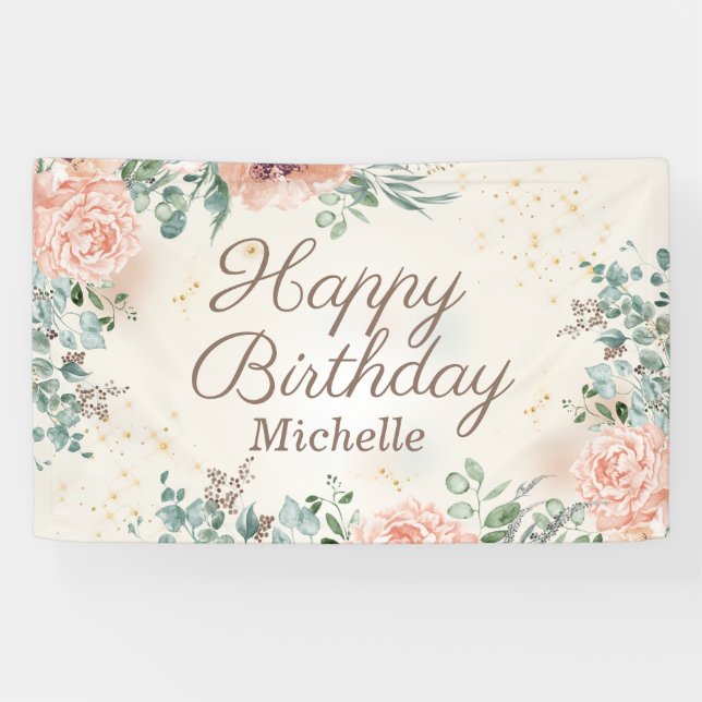 Banderoles Parties scintillant d'or rose Floral Joyeux annive (Horizontal)