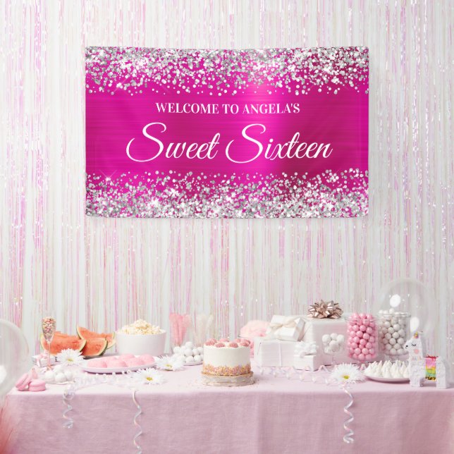 Banderoles Parties scintillant en argent Hot rose Sweet sixte (Fête)