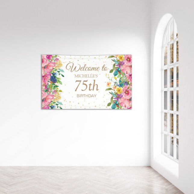 Banderoles Parties scintillant florale rose jaune 75e anniver (Pink floral and gold glitter custom 75th birthday party banner for women.)