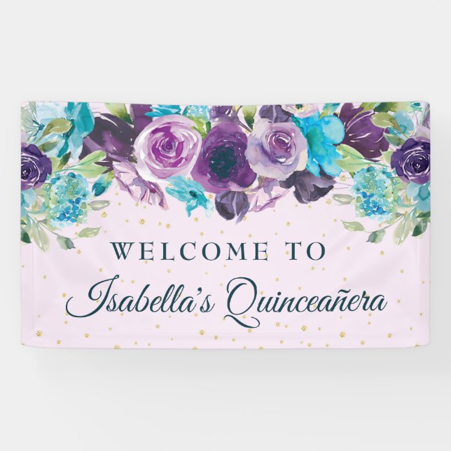 Banderoles Parties scintillant or bleu violet Floral Quinceañ (Horizontal)