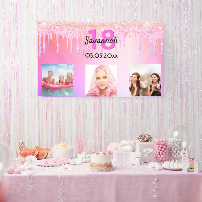 Banderoles parties scintillant rose 18e anniversaire gouttes  (Fête)