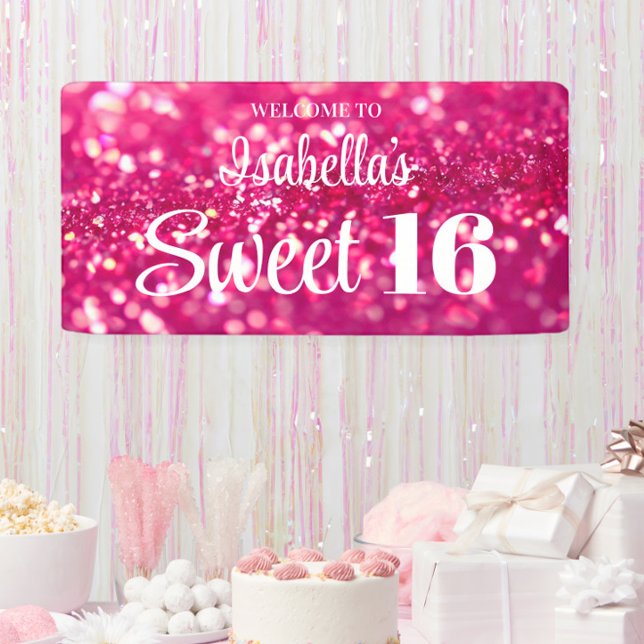 Banderoles Parties scintillant rose chaud glam Sweet 16 Anniv (Hot Pink Glitter Personalized Sweet 16 Birthday Party Sign Banner, with Name, Girly, Feminine)
