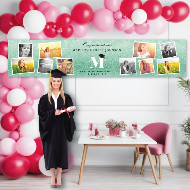 Banderoles Parties scintillant verte Monogramme 10 Photo Grad (Green Glitter Name Monogram Stylish 10 Photo Graduation Party Banner @ www.zazzle.com/color_therapy)