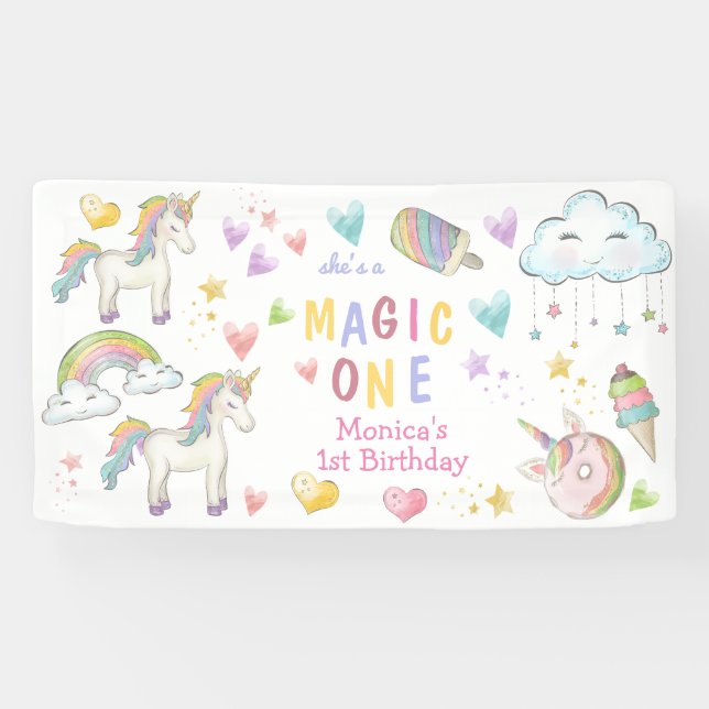 Banderoles Pastel arc-en-ciel unicorne magie un anniversaire (Horizontal)