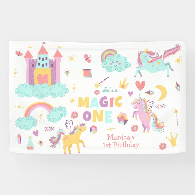 Banderoles Pastel arc-en-ciel unicorne magie un anniversaire (Horizontal)