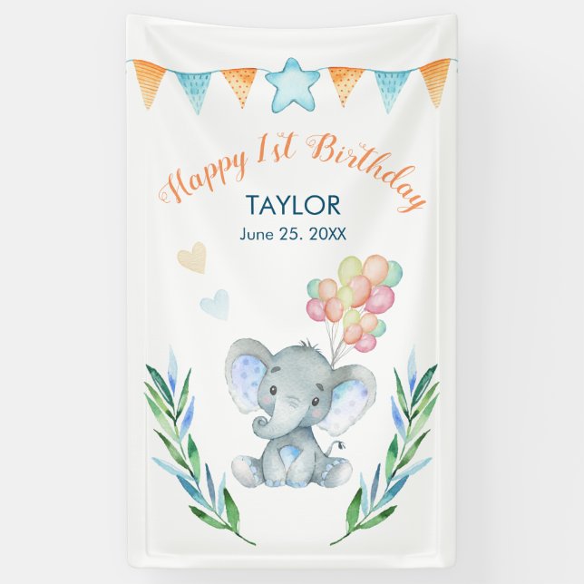 Banderoles Pastel Elephant Blush Blue Star Joyeux anniversair (Vertical)