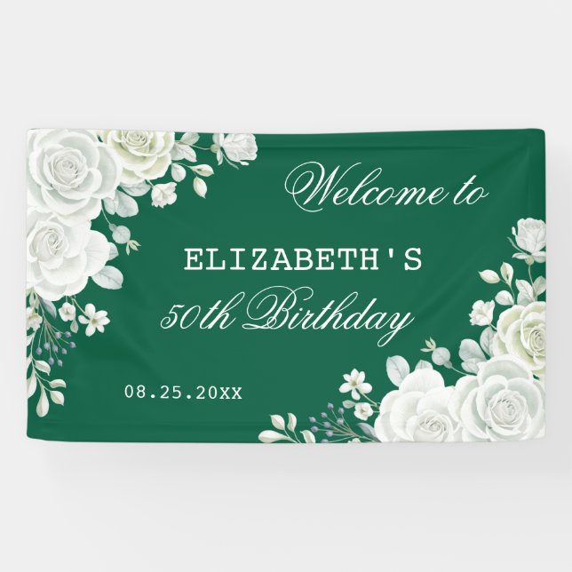 Banderoles Pastel Green White Rose Floral Bienvenue Anniversa (Horizontal)