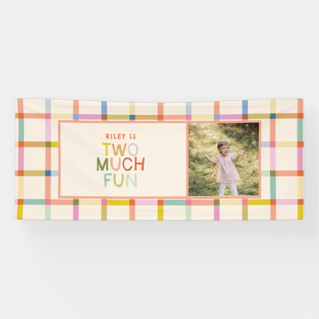 Banderoles Pastel Plaid "Two Many Fun" 2e Anniversaire Banniè (Horizontal)