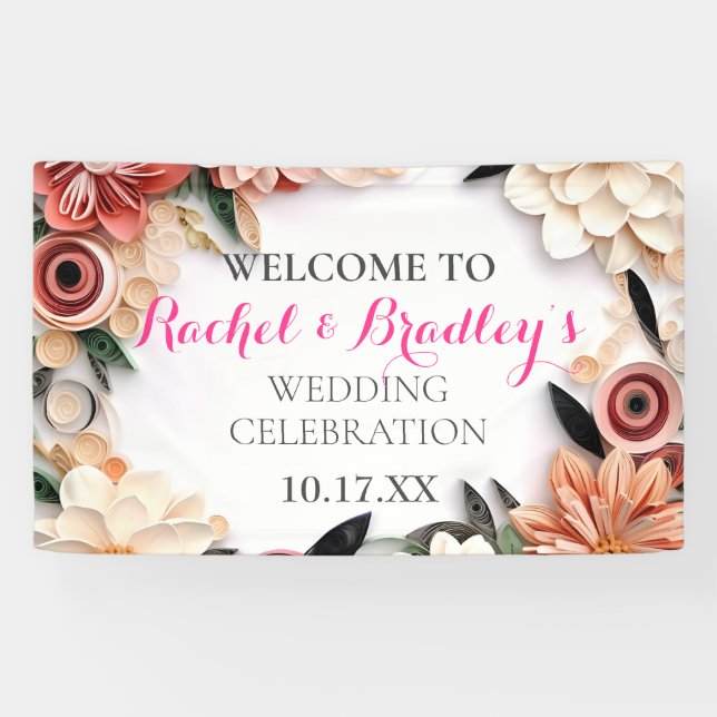 Banderoles Pastel Rose Mariage Vert Papier Quilling Floral (Horizontal)