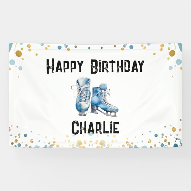 Banderoles Patinage sur glace Anniversaire Blue Gold Party (Horizontal)