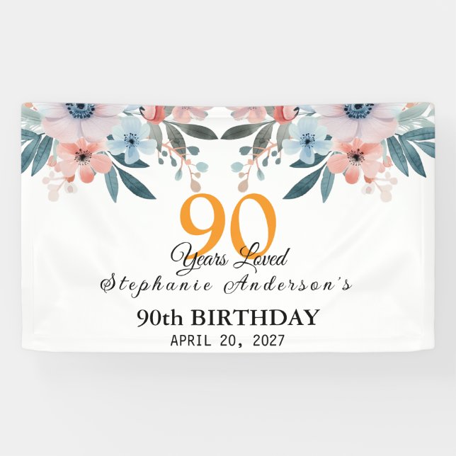 Banderoles  Peach Floral 90th Birthday 90 Years Loved Banner (Horizontal)