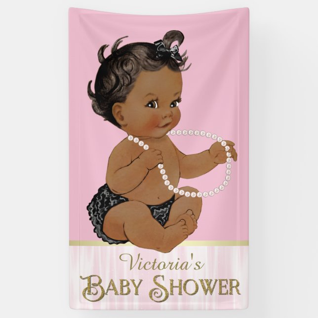 Banderoles Pearl noire rose Baby shower afro-américain fille (Vertical)