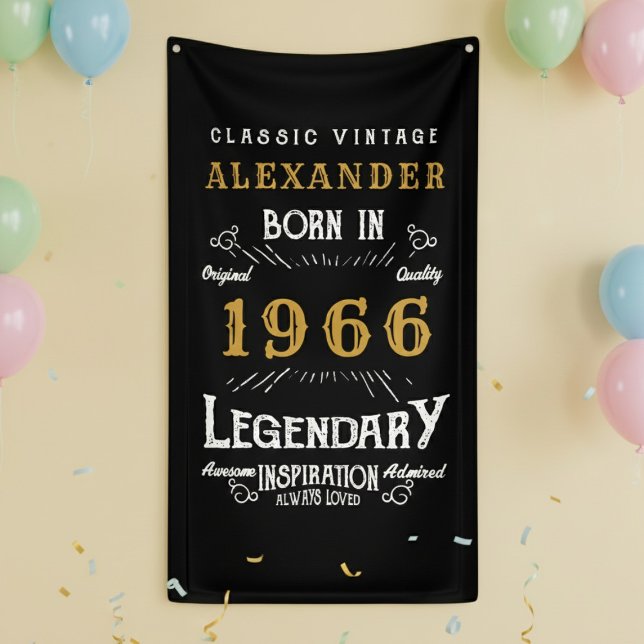 Banderoles Personalized 60th Birthday 1966 Vintage Legend (Born 1966 birthday wall banner against a yellow wall.)