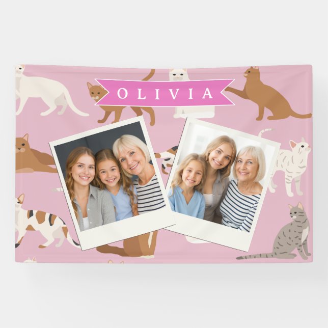 Banderoles Personalized Cute Pink Cat Pattern Gift Cat Lover (Horizontal)