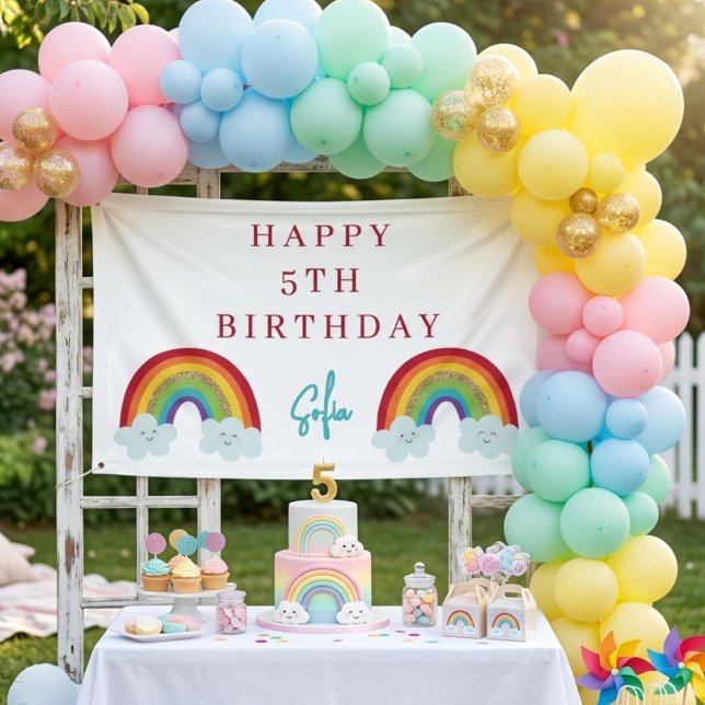 Banderoles Personalized Rainbow 5th Birthday Banner Cute Girl (Créateur téléchargé)