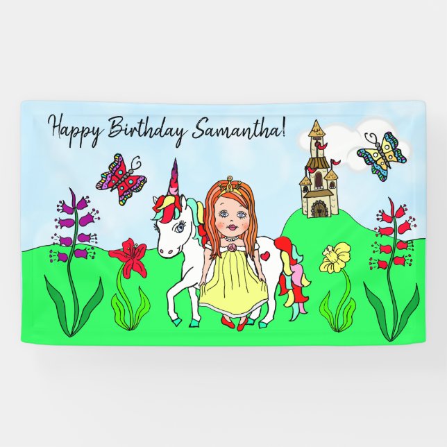 Banderoles Personnalisez Birthday Banner Princess et Unicorn (Horizontal)
