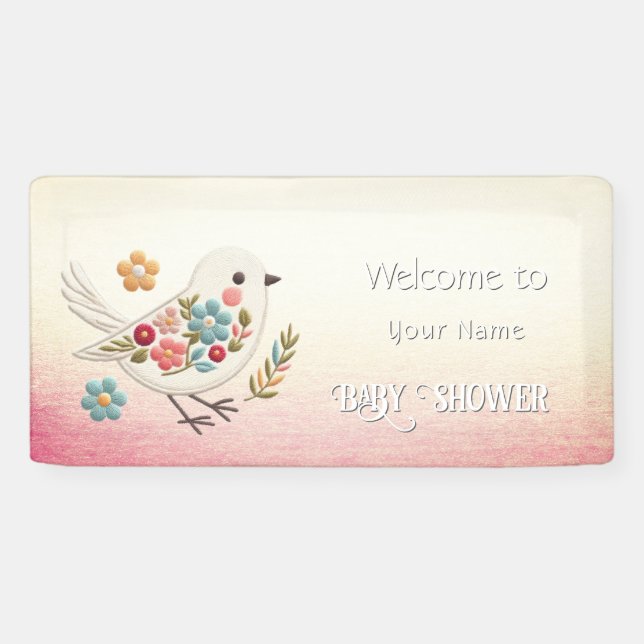 Banderoles Petit Baby shower Floral d'oiseaux blancs (Horizontal)