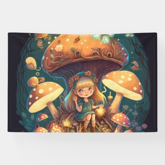 Banderoles Petite elve de fille parmi les champignons (Horizontal)