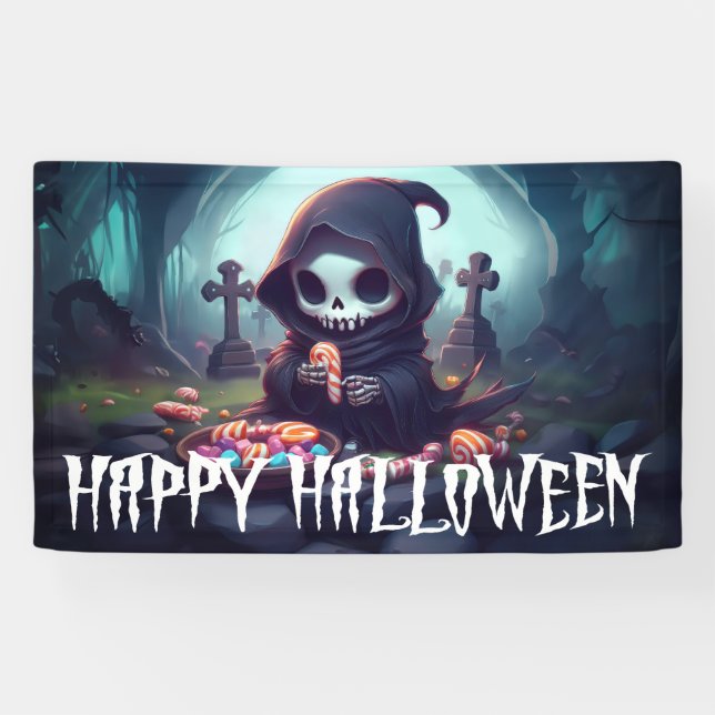 Banderoles Petite Faucheuse Grim Avec Candy Happy Halloween (Horizontal)