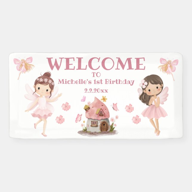 Banderoles petite fille 1er anniversaire rose bienvenue (Horizontal)