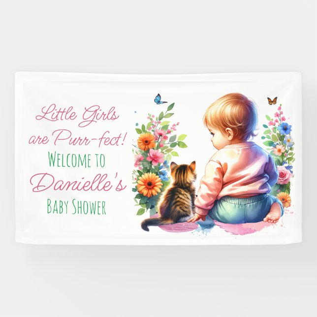 Banderoles Petite fille et chaton | Baby shower aquarelle (Horizontal)