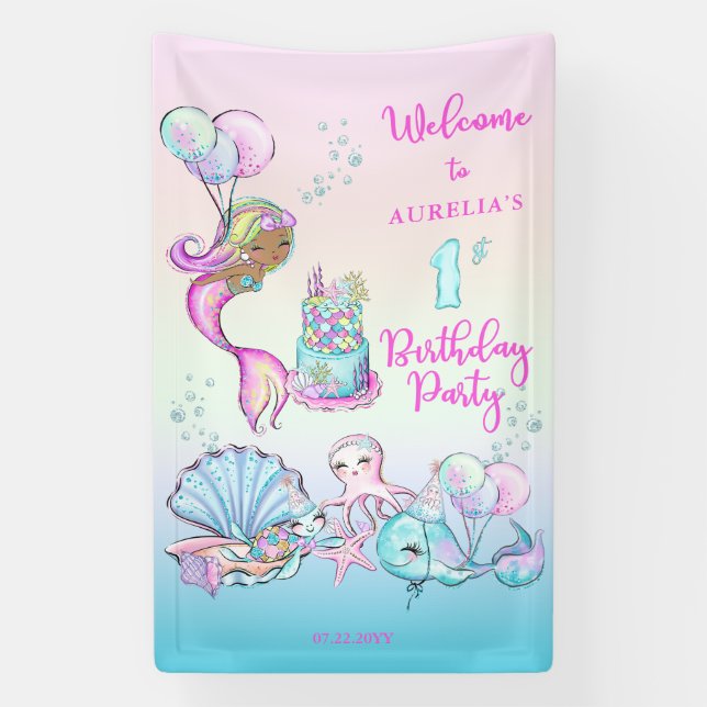 Banderoles Petite Sirène de Couleur - Fille 1er Anniversaire (Verticale)