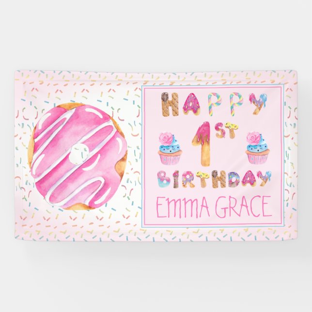 Banderoles Petites filles beignets | Cupcakes Joyeux 1er anni (Horizontal)