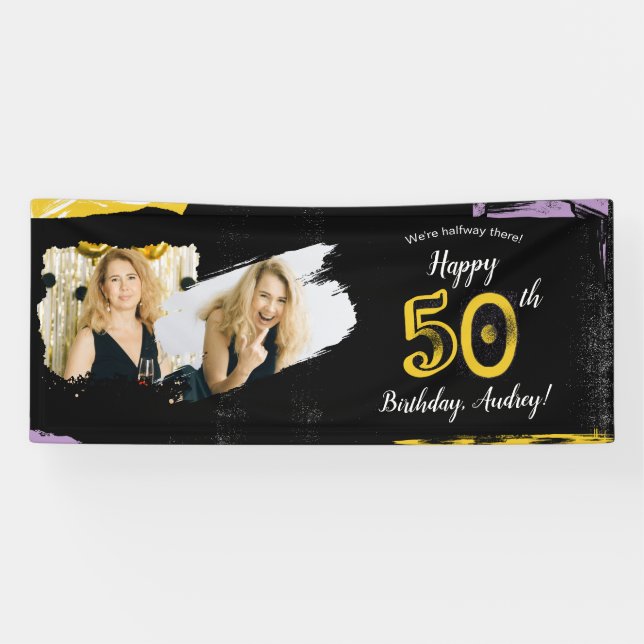 Banderoles Photo 50th Birthday Party Banner Black Gold (Horizontal)