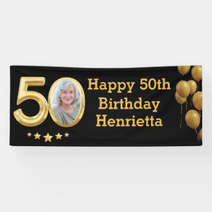 Banderoles Photo 50th Birthday Party Banner Black Gold