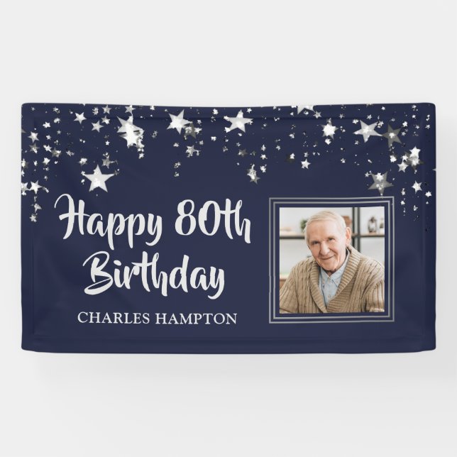 Banderoles Photo Anniversaire Marine Blue Silver Stars Nom (Horizontal)