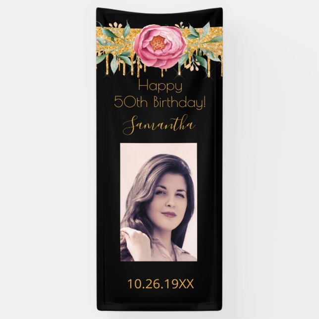 Banderoles Photo anniversaire noir rose or parties scintillan (Vertical)