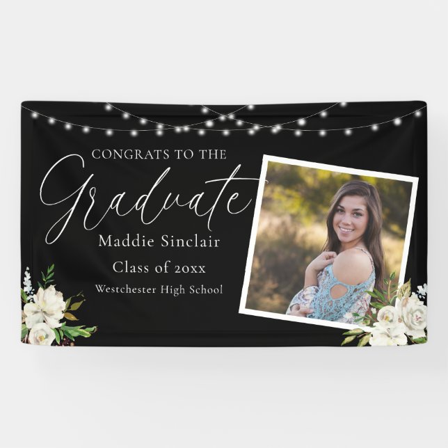 Banderoles Photo Black Elegant Floral Graduation (Horizontal)